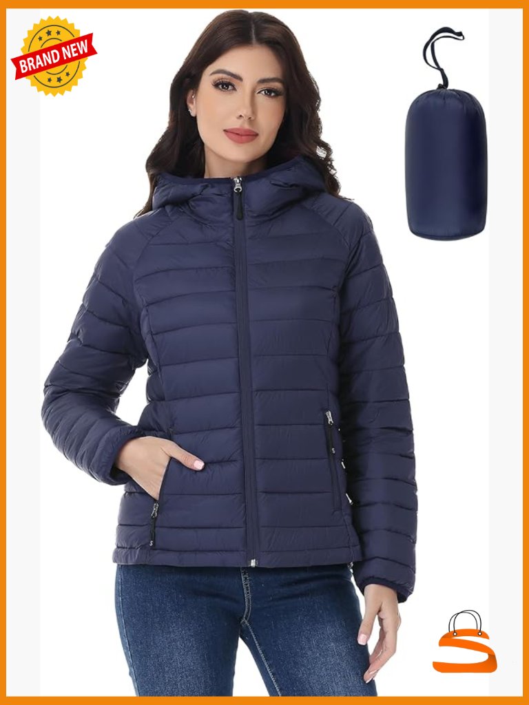 Lightweight Packable Hooded Puffer Jacket With Zipper Closure